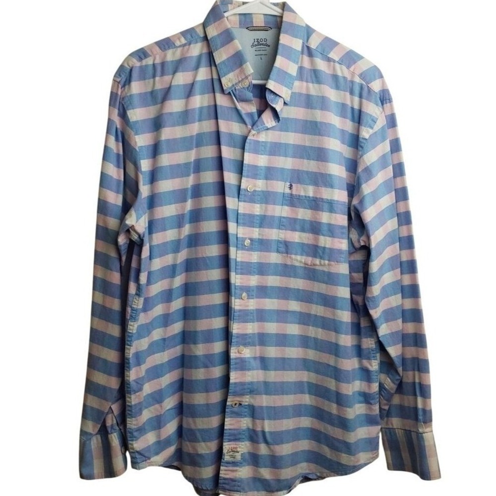 IZOD Saltwater Newport Oxford Shirt Men's Blue Pink‎ Gingham Plaid Button Down